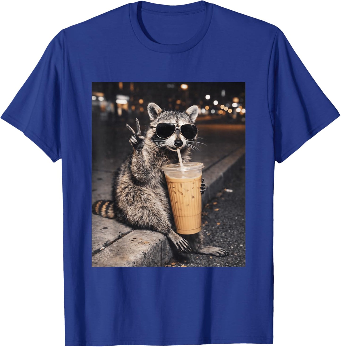 Raccoon Drinking Iced Coffee Funny Animal Meme T-Shirt - T-Shirt | Royal