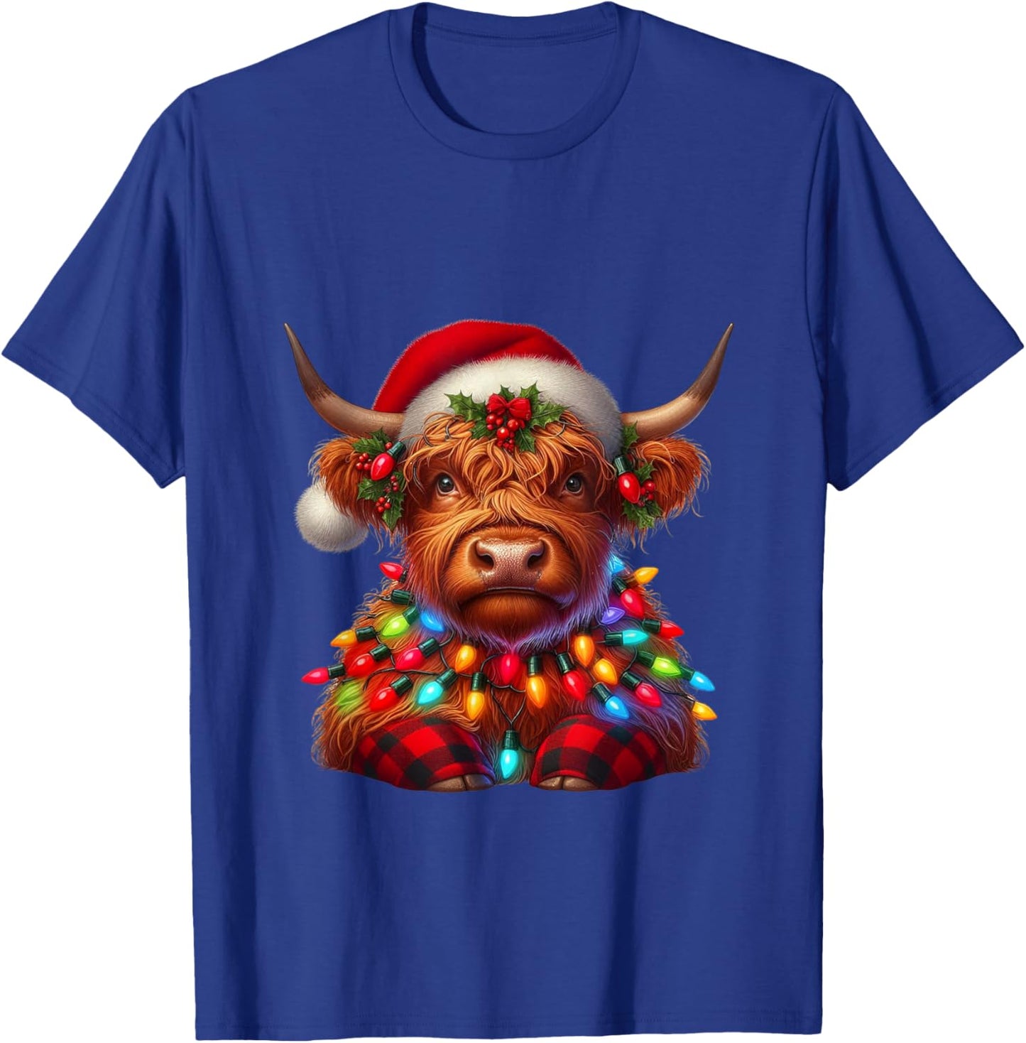 Scottish Highland Cow Christmas Santa Hat Lights Xmas Pajama T-Shirt - T-Shirt | Royal
