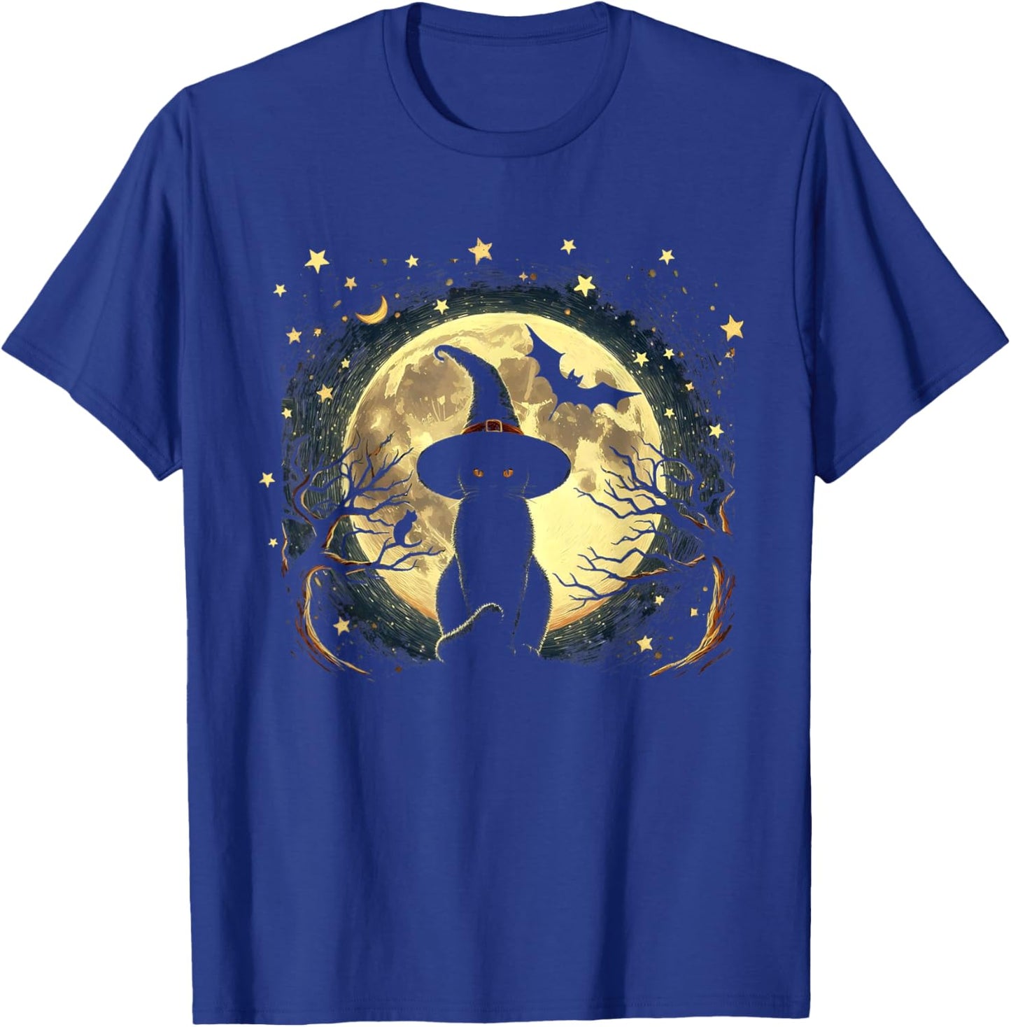 Vintage Scary halloween black cat Van gogh Starry Night Moon T-Shirt - T-Shirt | Royal