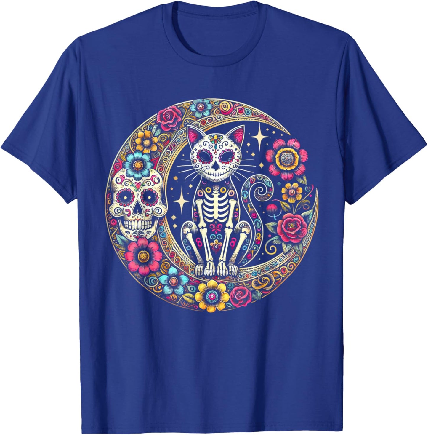 Cat Moon Dia De Los Muertos Day Of The Dead Sugar Skull T-Shirt - T-Shirt | Royal