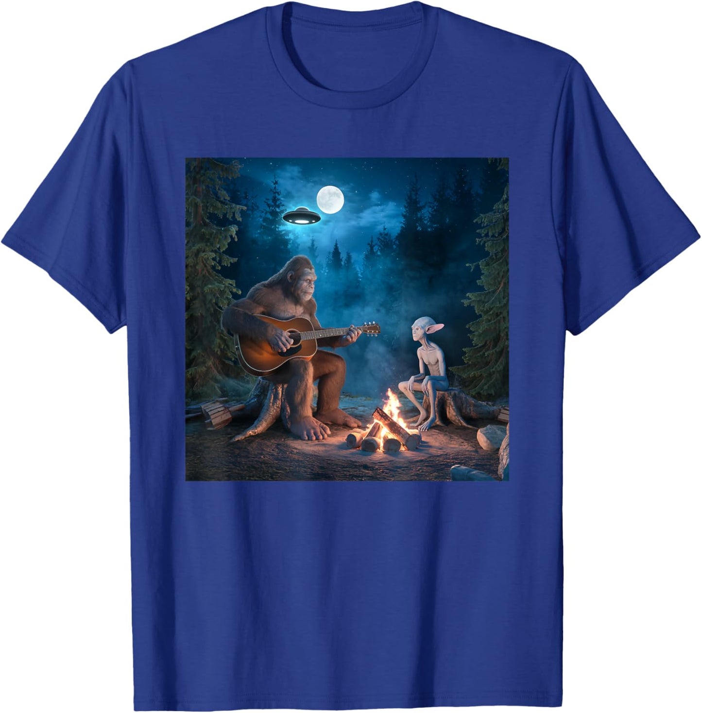Bigfoot Alien Sasquatch Campfire UFO Music Night Scene T-Shirt - T-Shirt | Royal