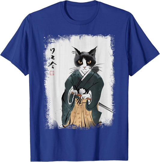 Cat Samurai Warrior Vintage Ukiyo-e Art Japanese Katana T-Shirt - T-Shirt | Royal