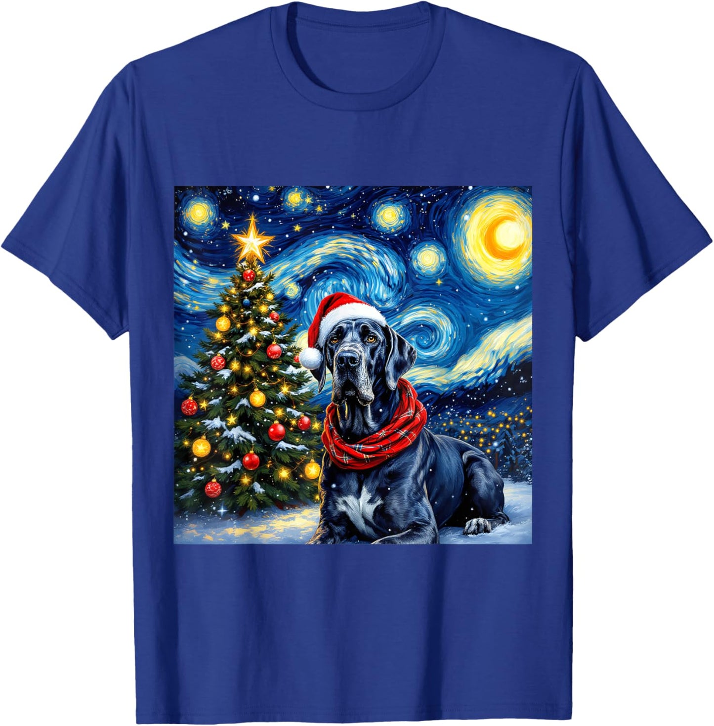 Great Dane Starry Night Christmas Van Gogh Dog Santa Hat T-Shirt - T-Shirt | Royal