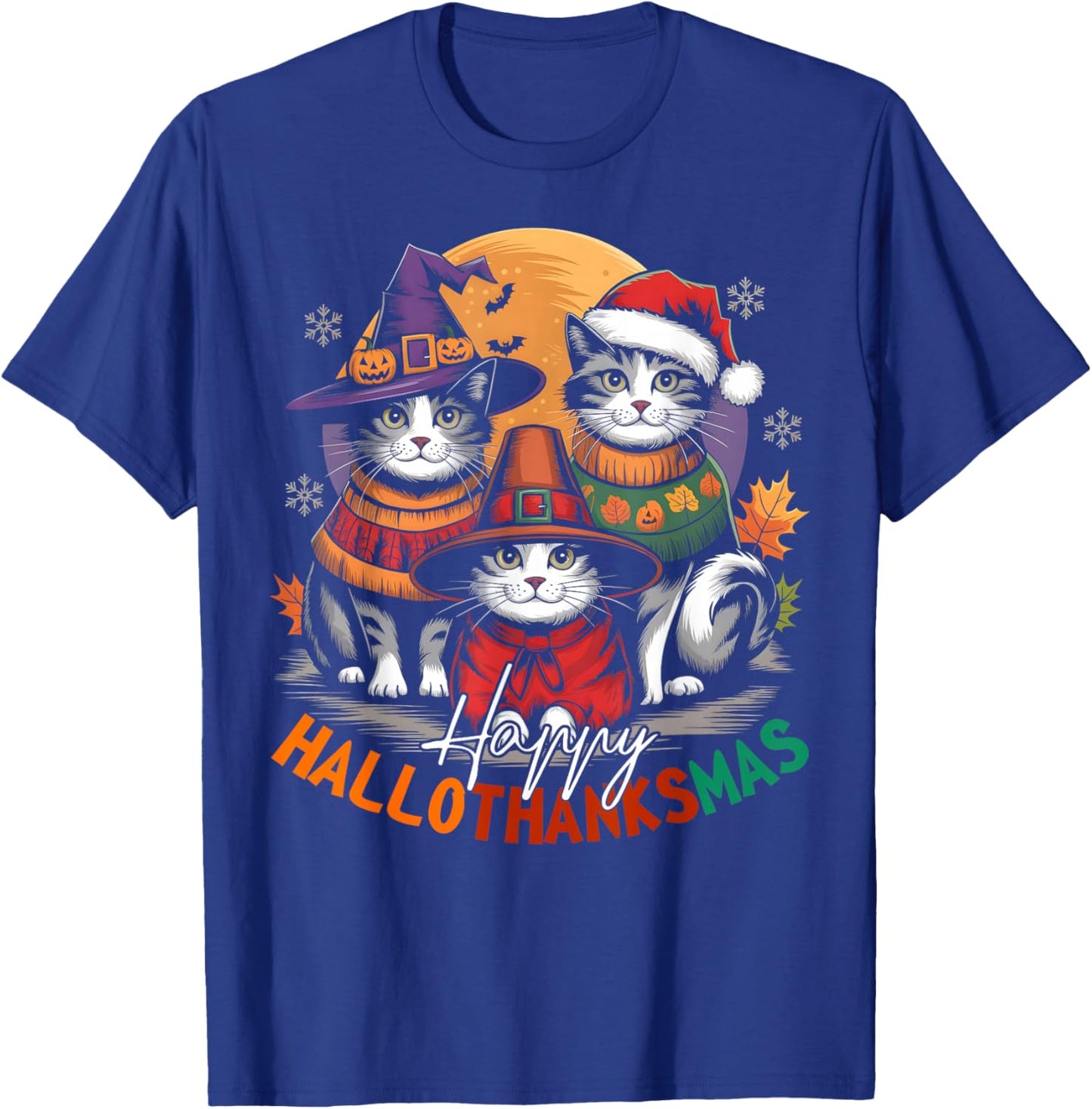 Happy HalloThanksMas Halloween, Christmas, Thanksgiving Cats T-Shirt - T-Shirt | Royal