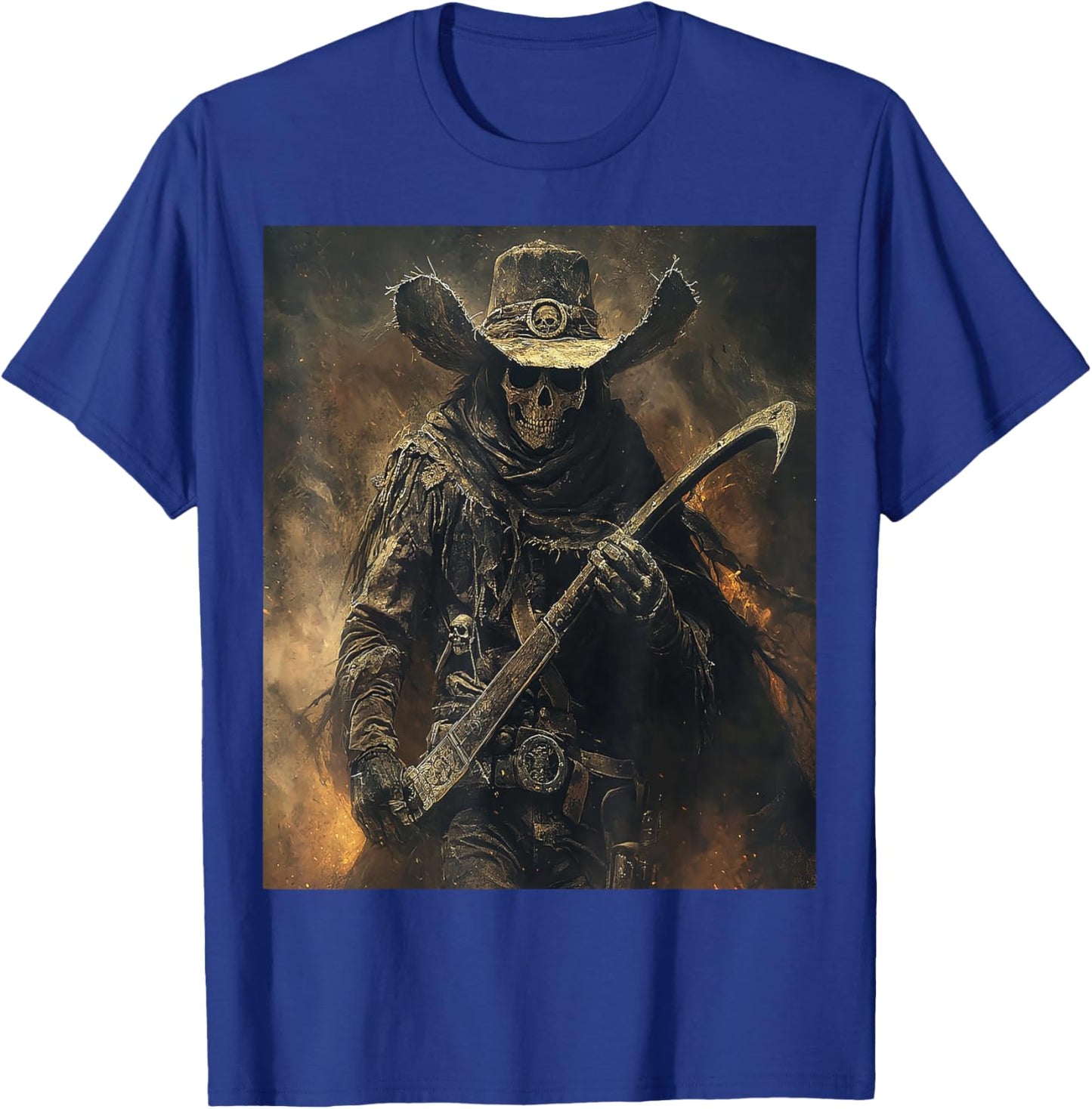 Western Grim Reaper Cowboy Wearing Hat Scythe Skull Art T-Shirt - T-Shirt | Royal