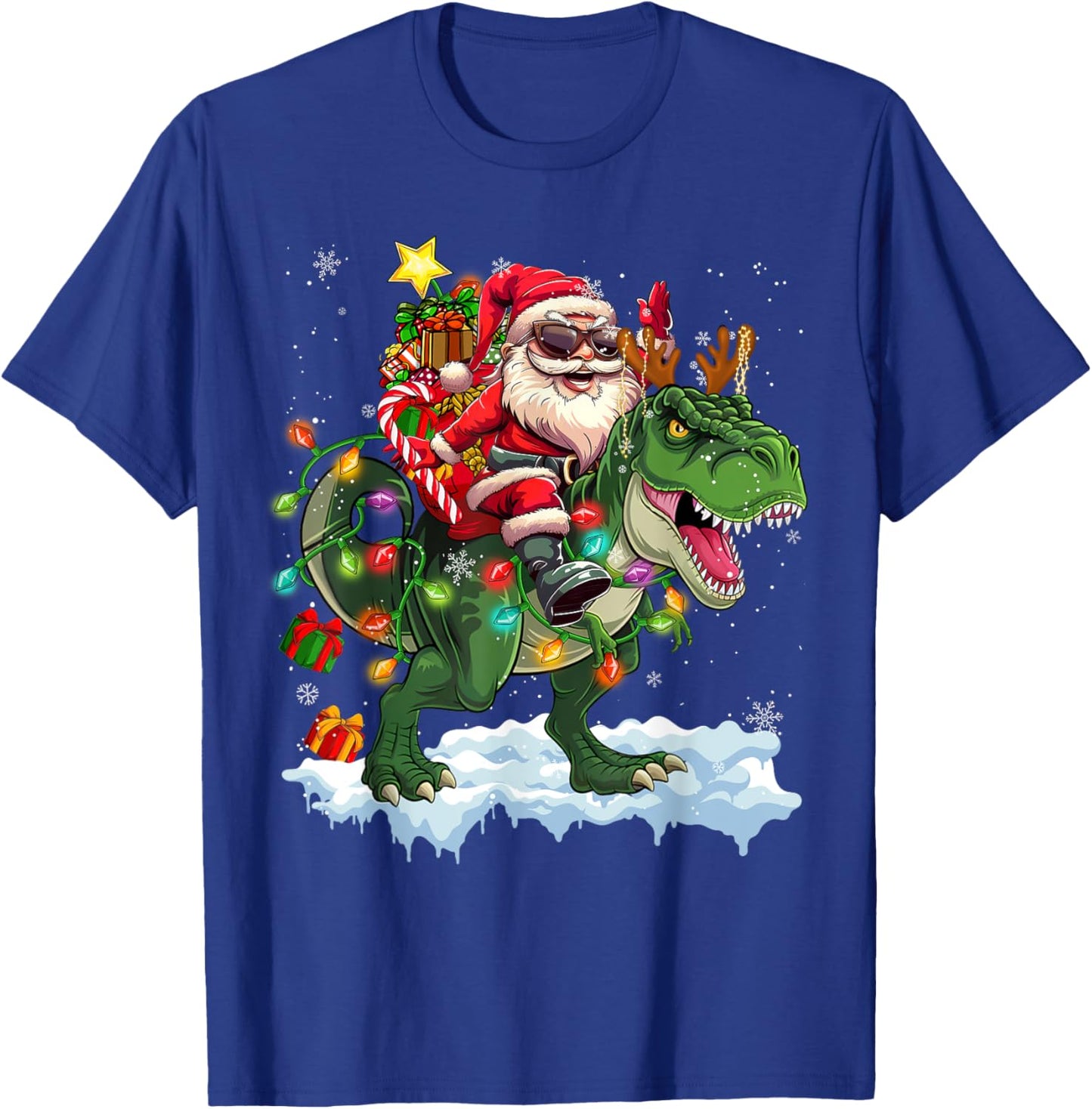 Merry Christmas 2025 Santa Riding Dinosaur Xmas Boy Men Kids T-Shirt - T-Shirt | Royal
