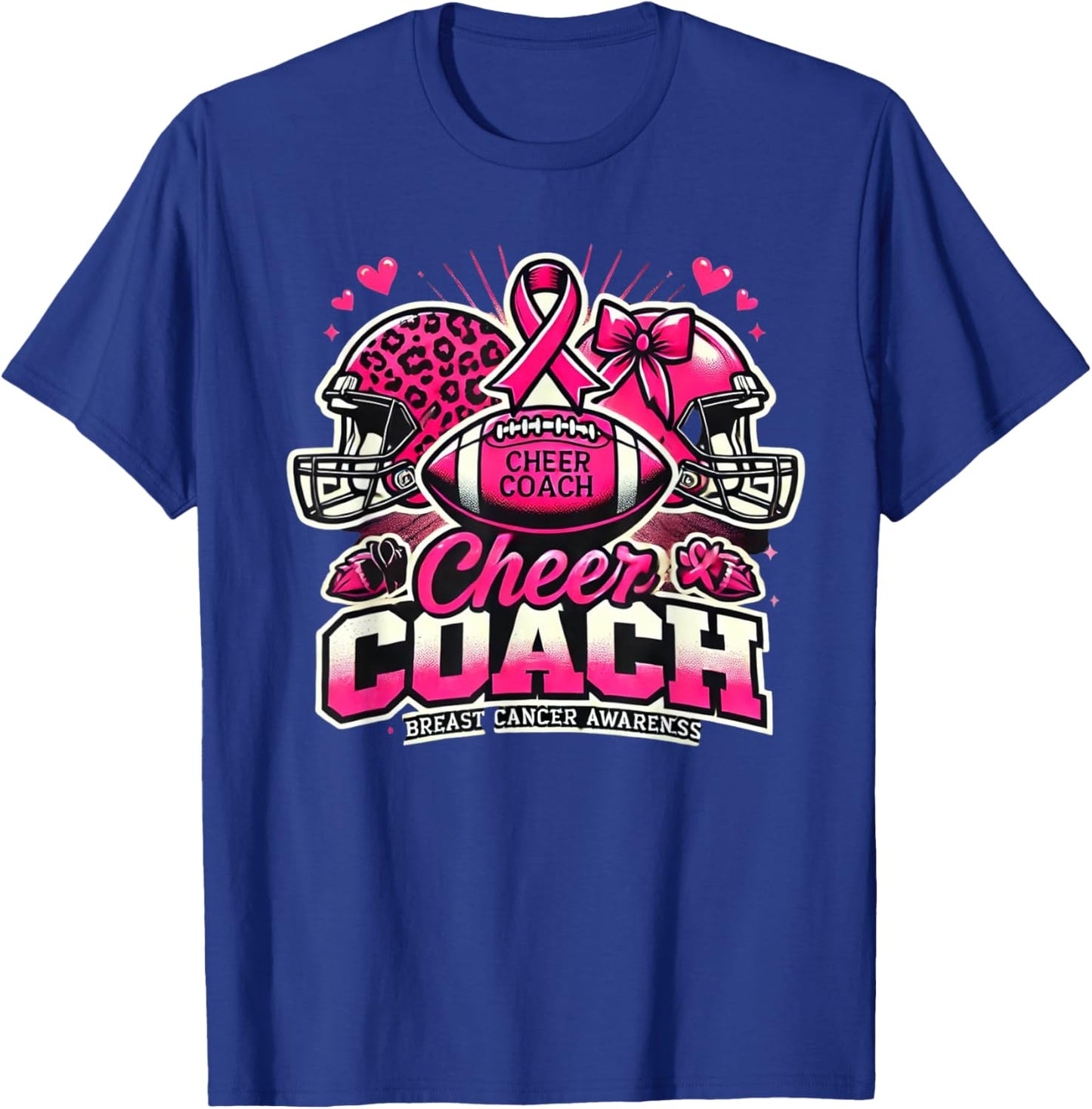 Cheer Coach Pink Ribbon Football Breast Cancer Awareness T-Shirt - T-Shirt | Royal