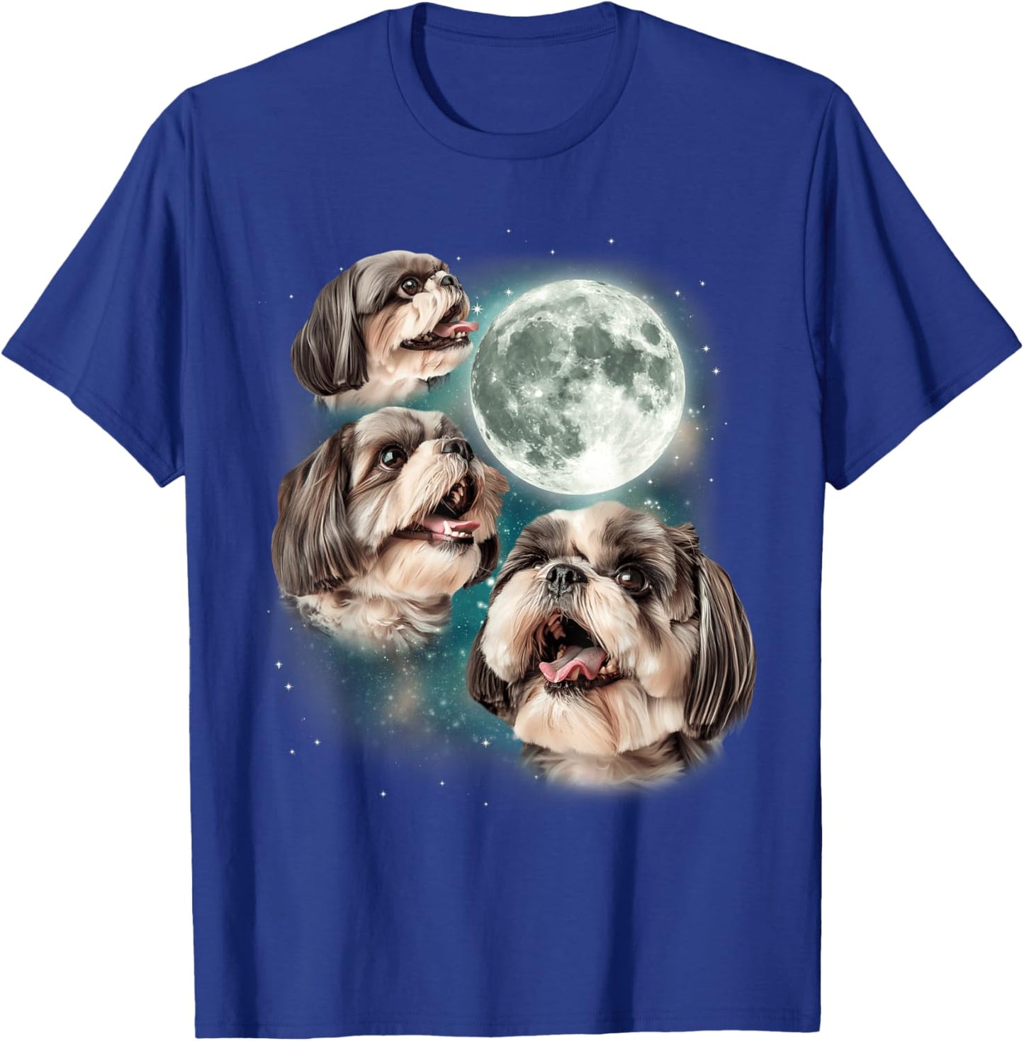 Three Shih Tzu Moon | 3 Puppies Howling Fun Dog Parody Meme T-Shirt - T-Shirt | Royal