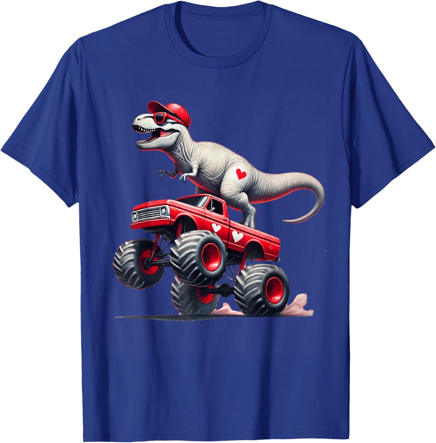 Valentines Day T Rex Riding Monster Truck Funny Toddler Boys T-Shirt - T-Shirt | Royal