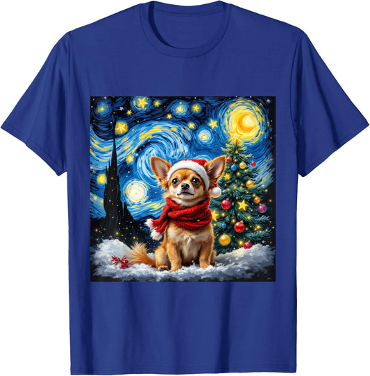 Chihuahua Starry Night Christmas Van Gogh Dog Santa Hat T-Shirt - T-Shirt | Royal