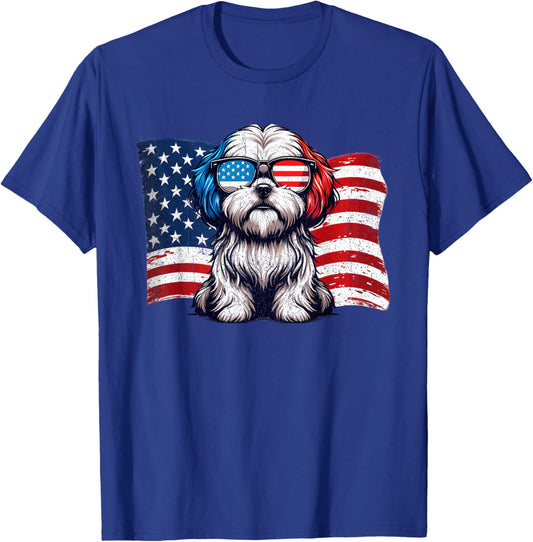 Vintage Lhasa Apso Dogs American Flag Sunglasses Patriotic T-Shirt - T-Shirt | Royal