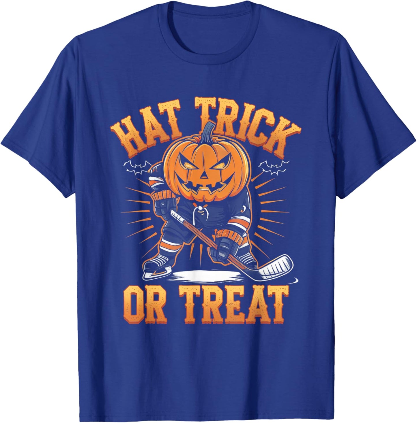 Halloween Hat Tricks Or Treat Ice Hockey Player Pumpkin Head T-Shirt - T-Shirt | Royal