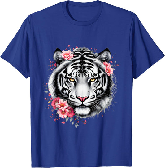 White Tiger With Flowers Graphic T-Shirt - T-Shirt | Royal