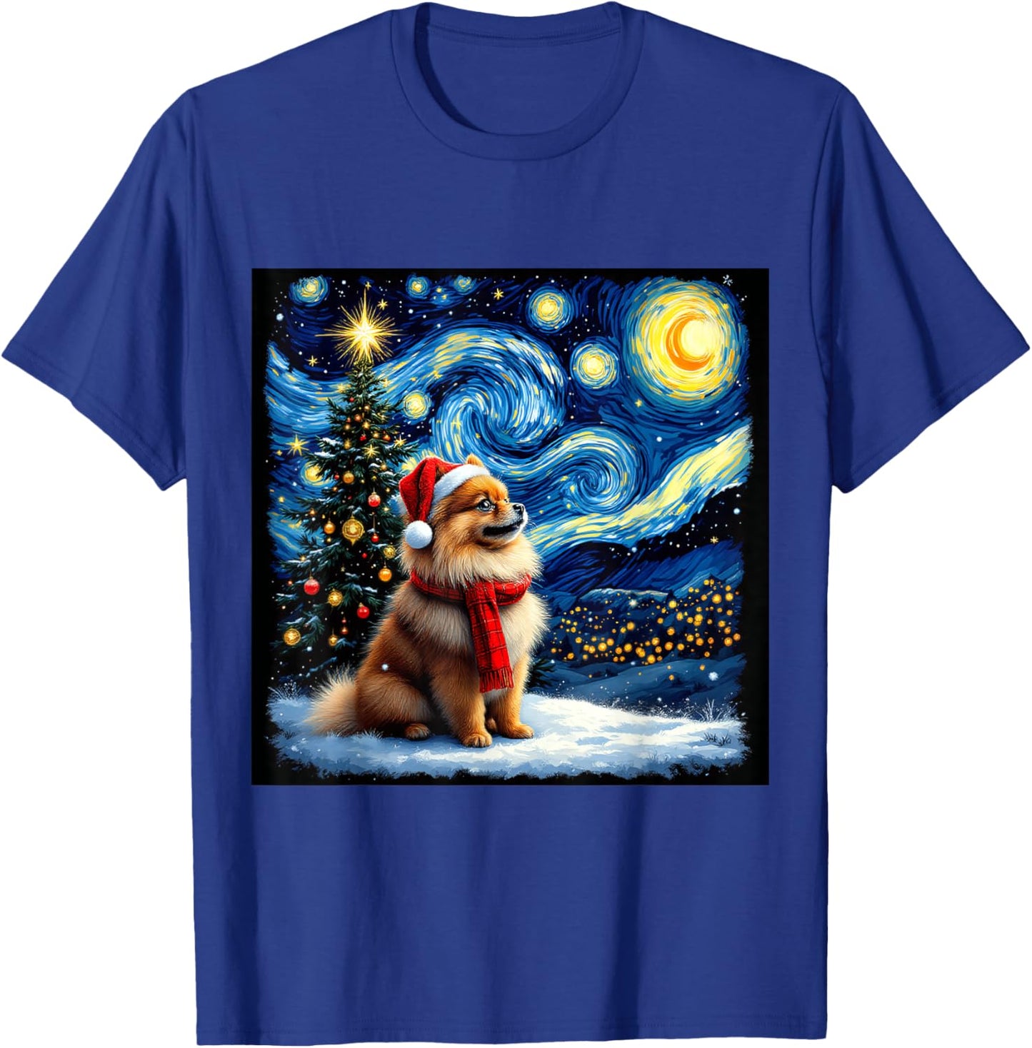 Pomeranian Starry Night Christmas Van Gogh Dog Santa Hat T-Shirt - T-Shirt | Royal