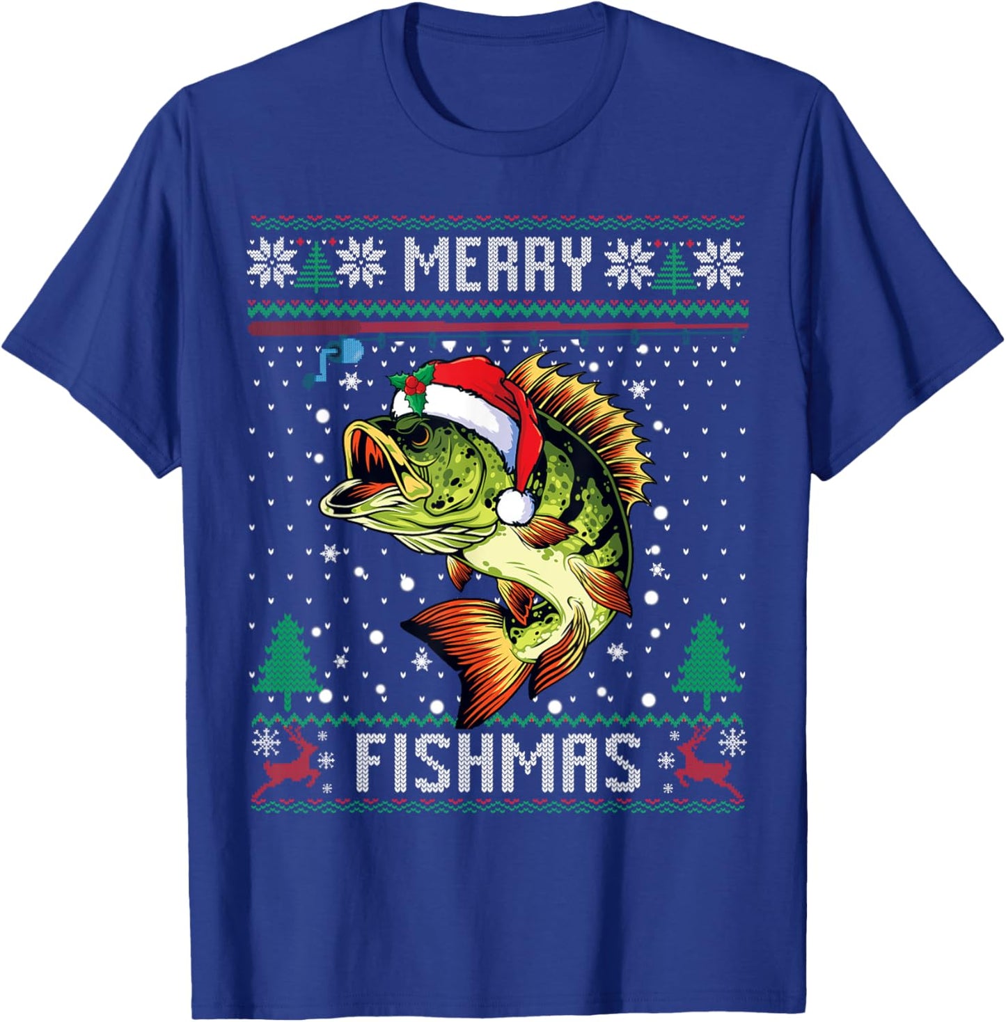 Merry Fishmas Bass Fish Fishing Christmas Ugly Sweater Xmas T-Shirt - T-Shirt | Royal