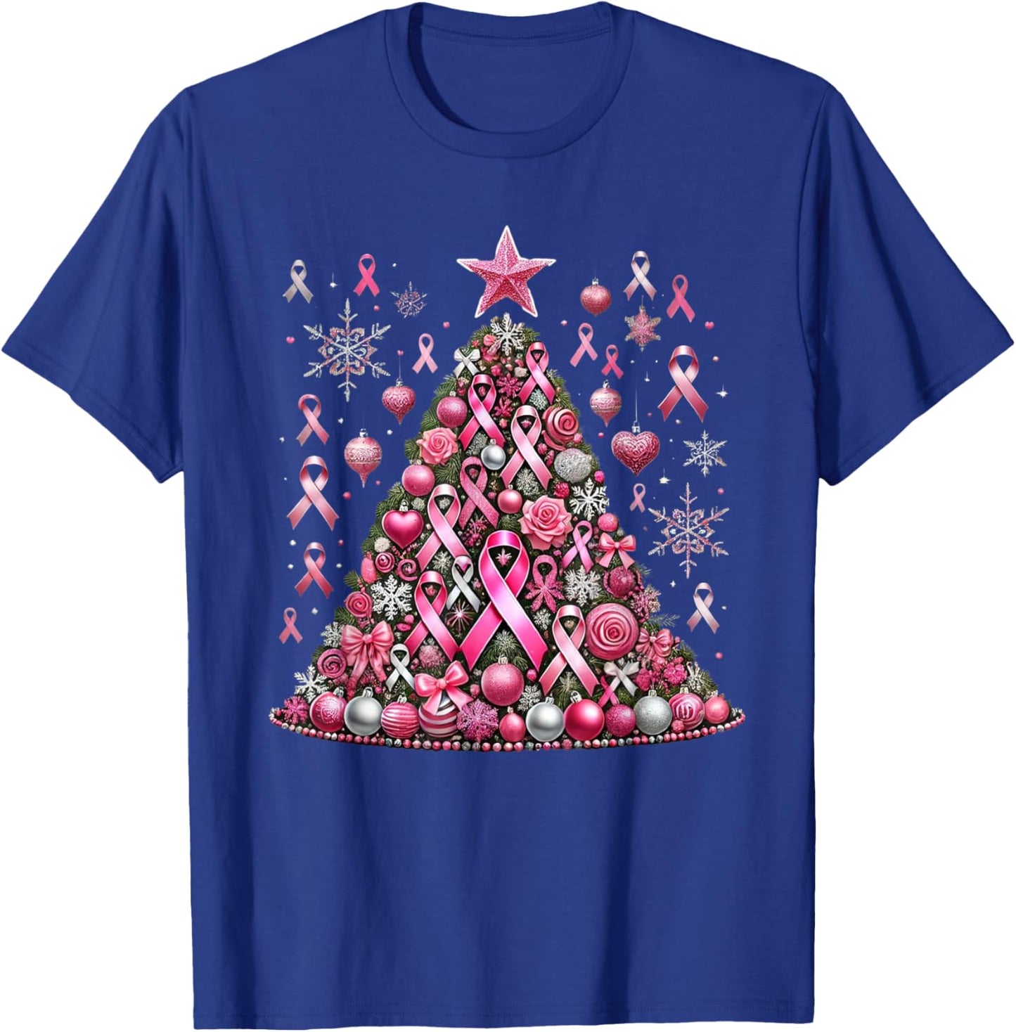 Snowflakes Ornament Decoration Breast Cancer Christmas Tree T-Shirt - T-Shirt | Royal