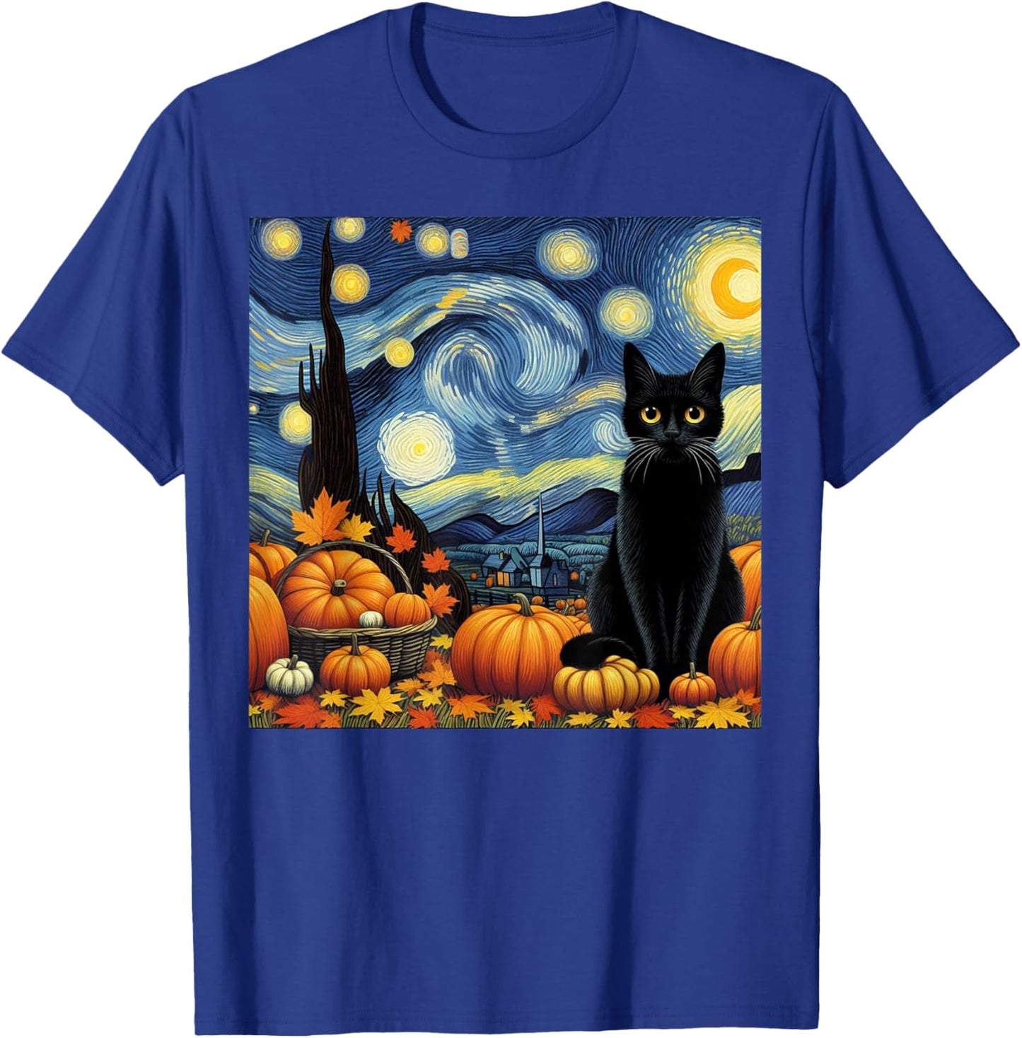 Thanksgiving Van Gogh Starry Night Black Cat Pumpkins Cat Lo T-Shirt - T-Shirt | Royal
