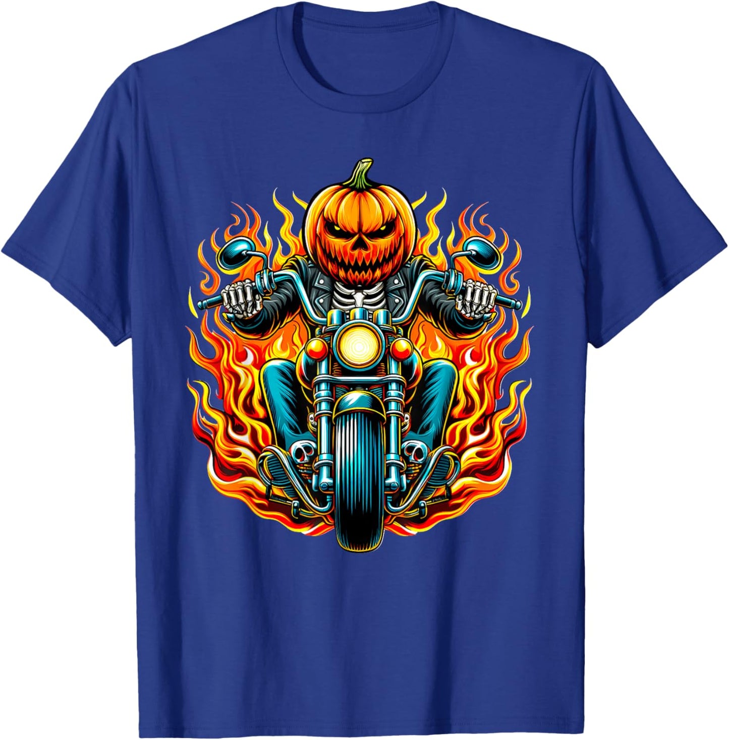 Pumpkin Biker riding a Motorcycle Halloween Costume Rider T-Shirt - T-Shirt | Royal