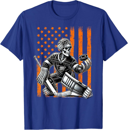 Spooky American Skeleton Ice Hockey Goalie Halloween USA T-Shirt - T-Shirt | Royal