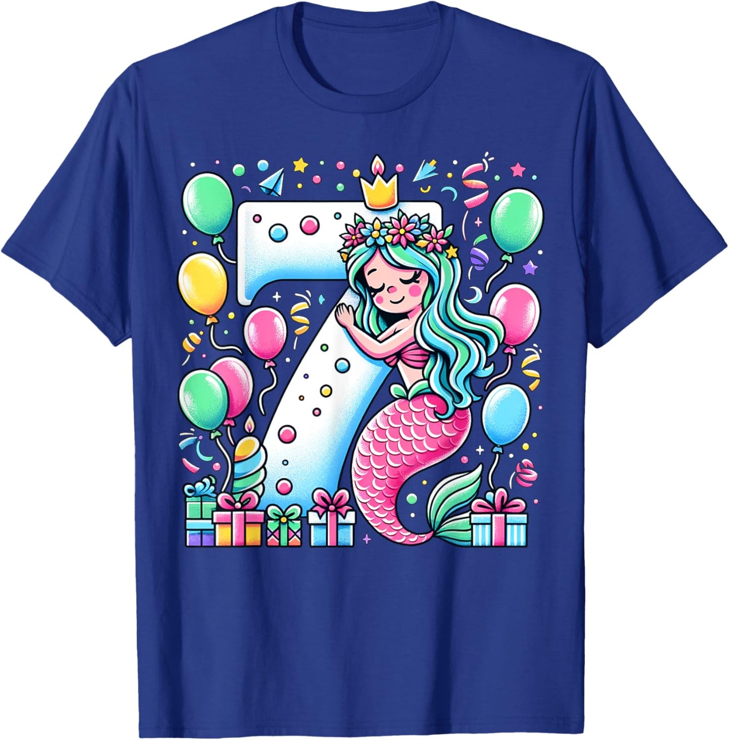 Mermaid 7th birthday for boy girl 7 years old seven Mermaid T-Shirt - T-Shirt | Royal