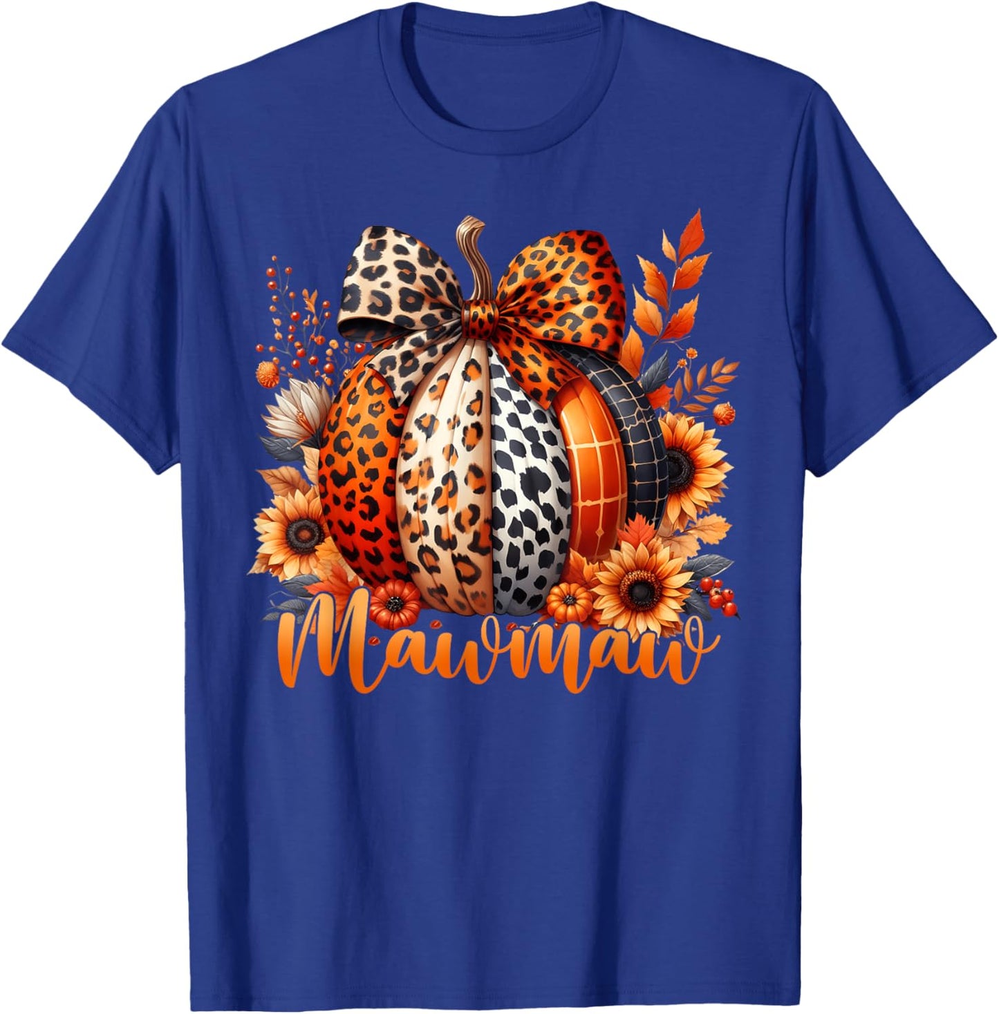 Mawmaw Thanksgiving Leopard Pumpkin Sunflower Coquette Bow T-Shirt - T-Shirt | Royal