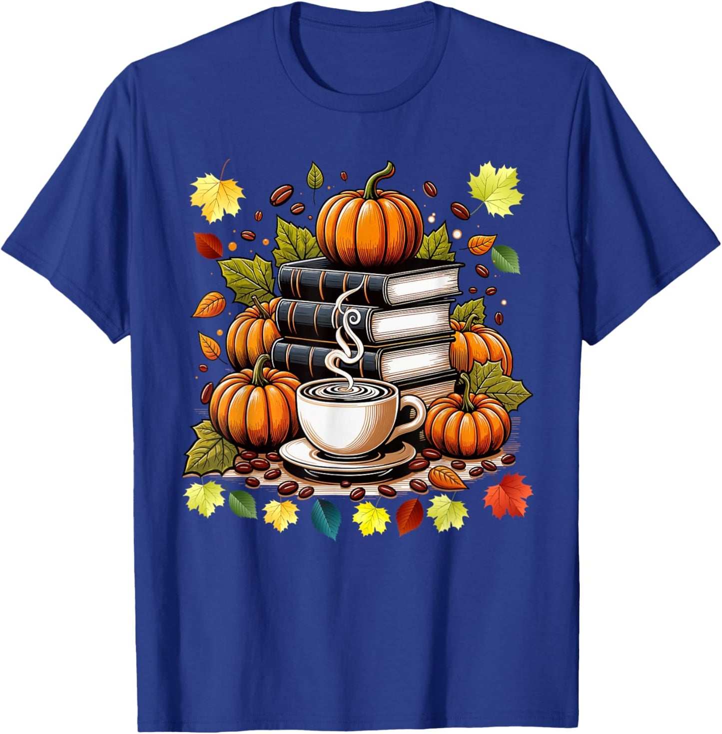 Books Coffee Fall Leaves and Pumpkins Vintage Library T-Shirt - T-Shirt | Royal