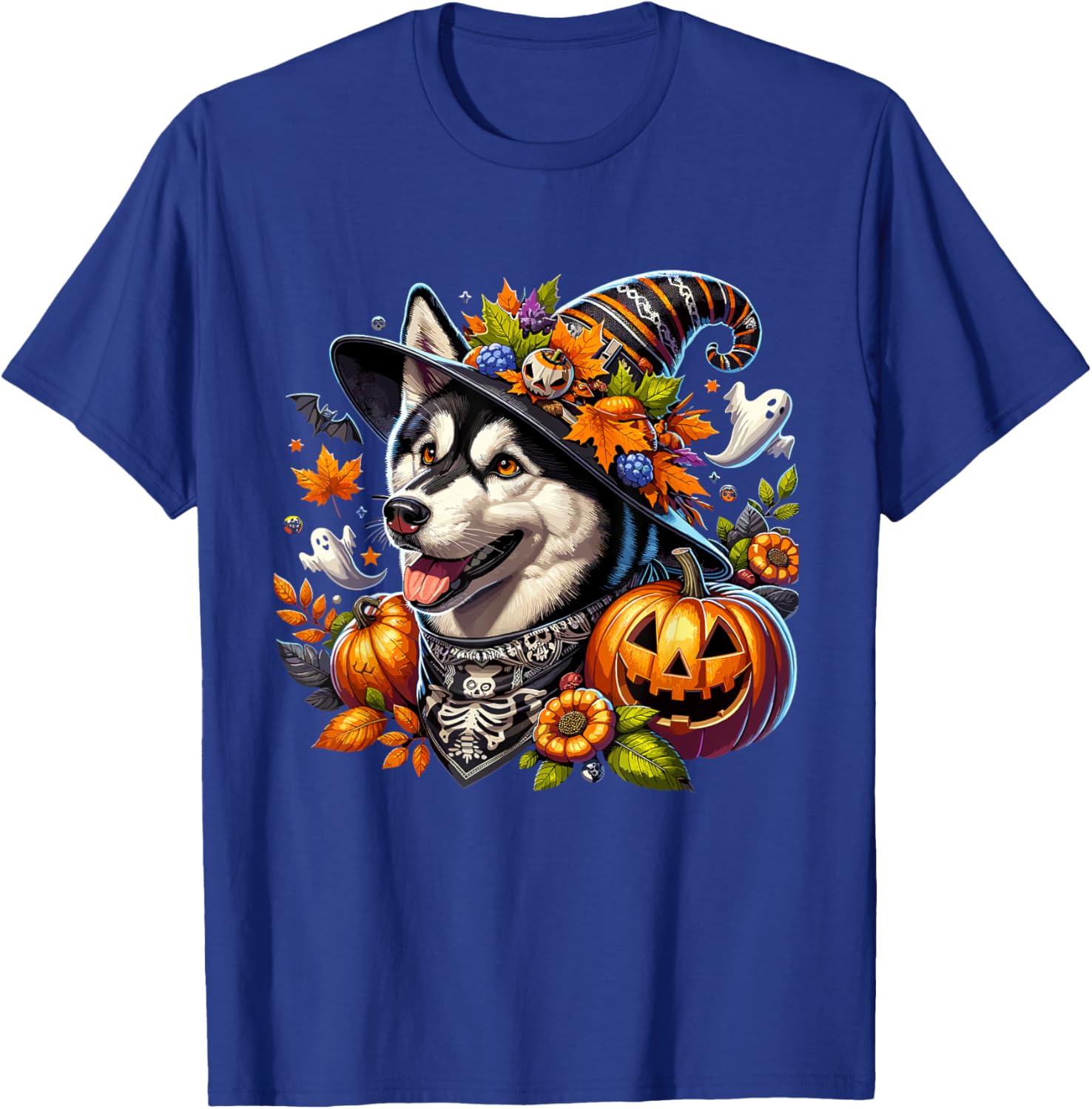 Halloween Siberian Husky Fall Leaves Autumn Pumpkin Ghost T-Shirt - T-Shirt | Royal