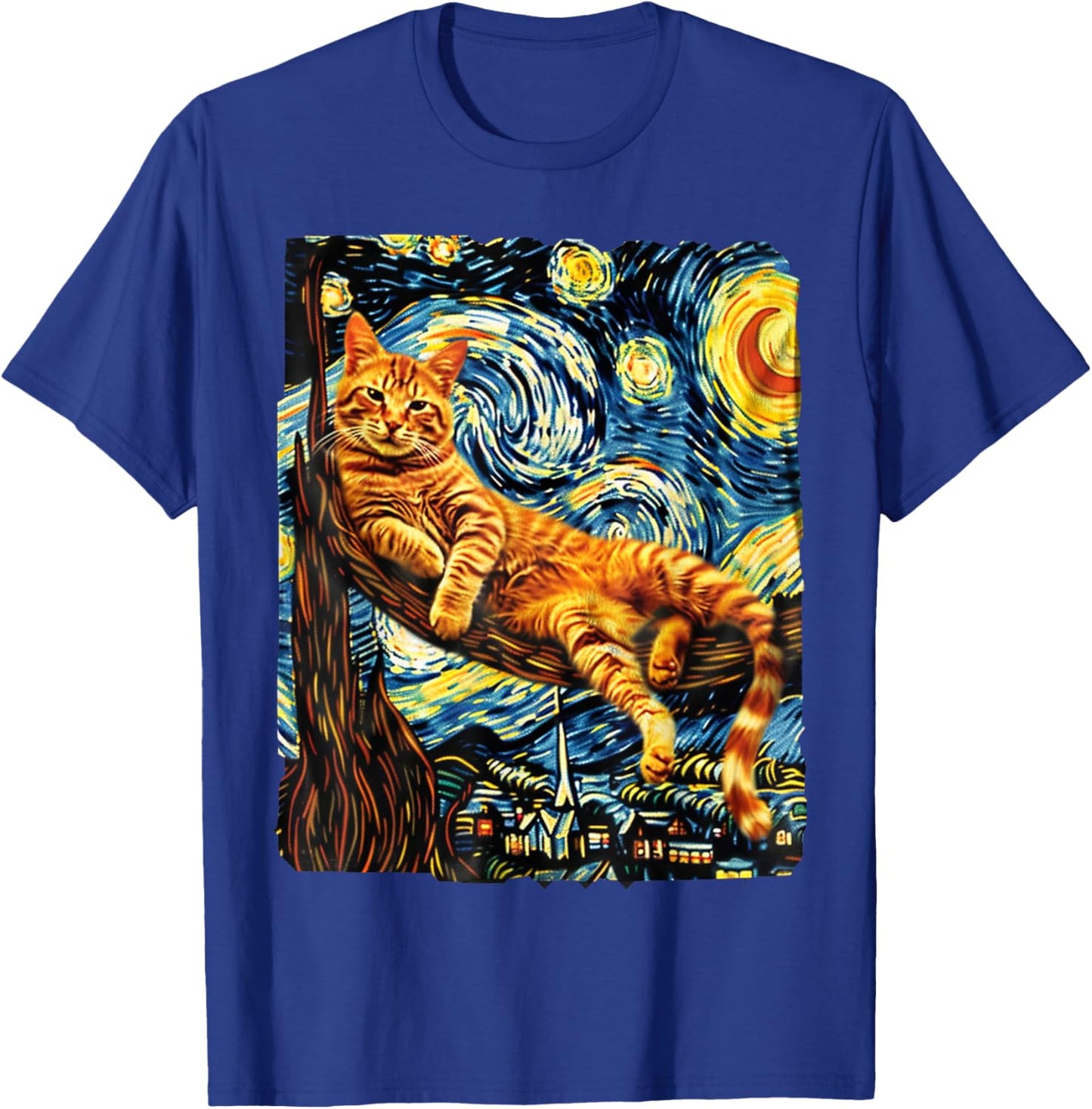 Cat Starry Night Van Gogh Cat For Cat Lover Cat Mom Cat Dad Women Girls Kids T-Shirt - T-Shirt | Royal