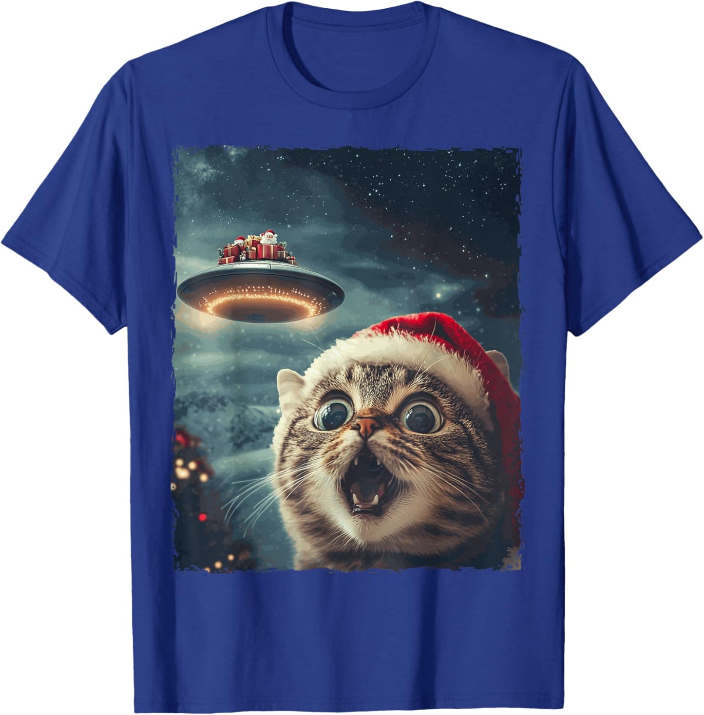 Funny Cat Selfie Santa Ufo Xmas Christmas T-Shirt - T-Shirt | Royal
