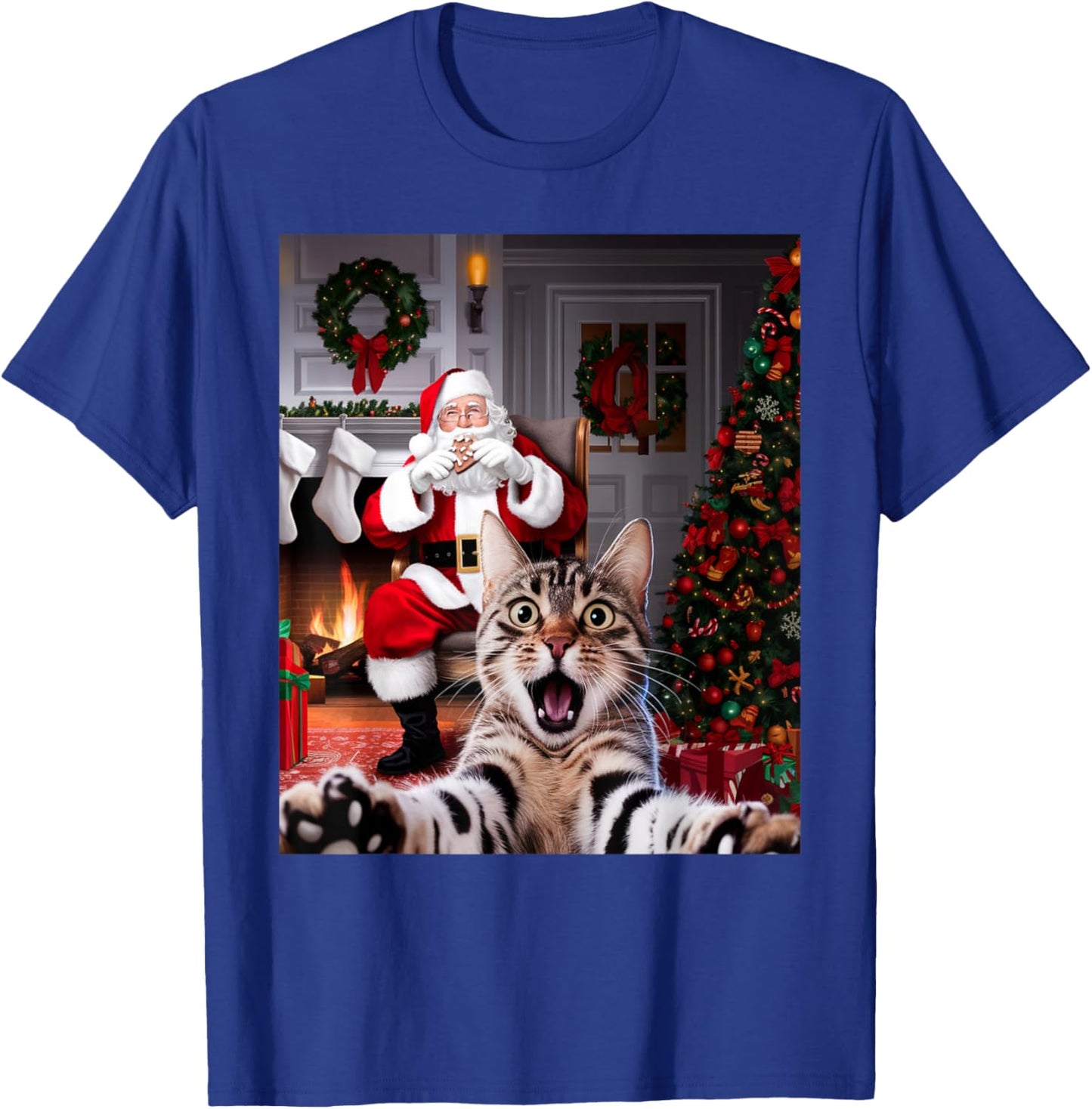 Christmas Funny Cat Selfie with Santa Claus Cute Holiday T-Shirt - T-Shirt | Royal
