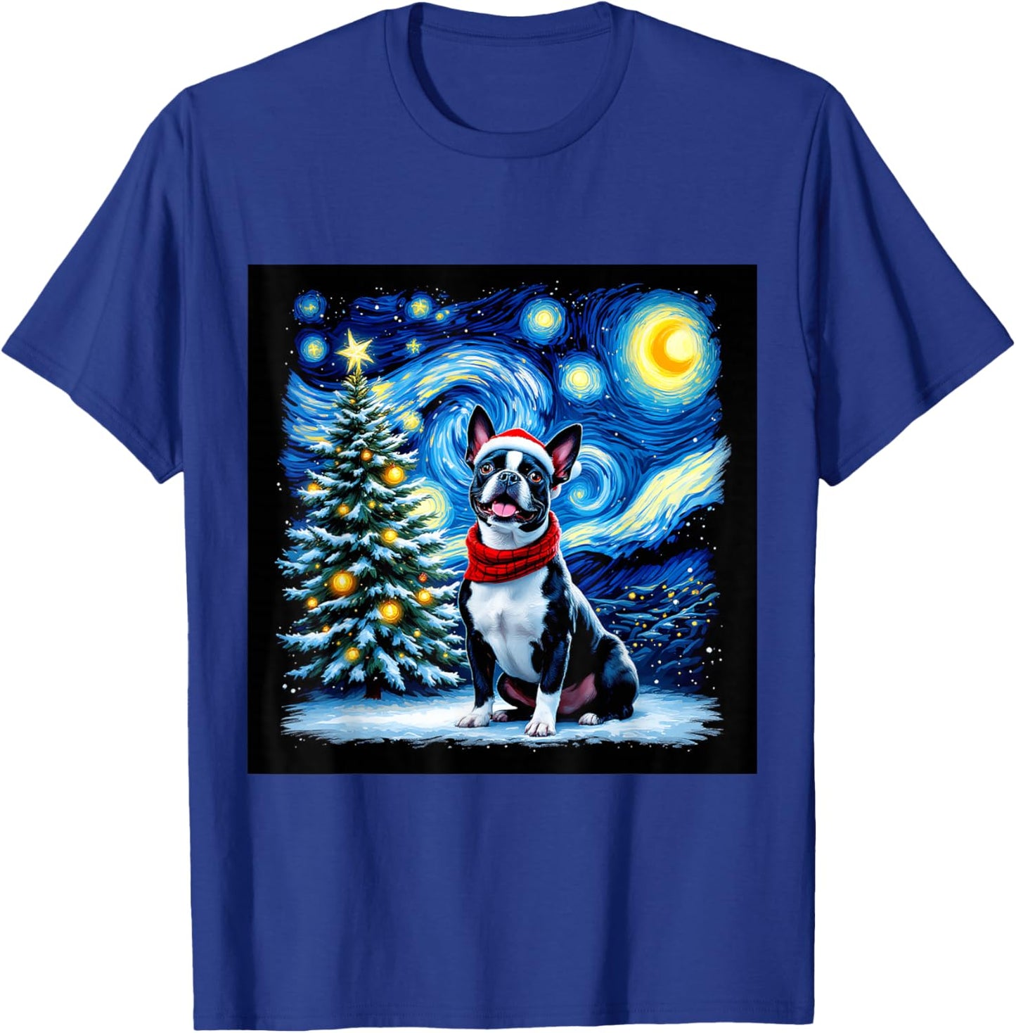 Boston Terrier Starry Night Christmas Van Gogh Dog Santa Hat T-Shirt - T-Shirt | Royal
