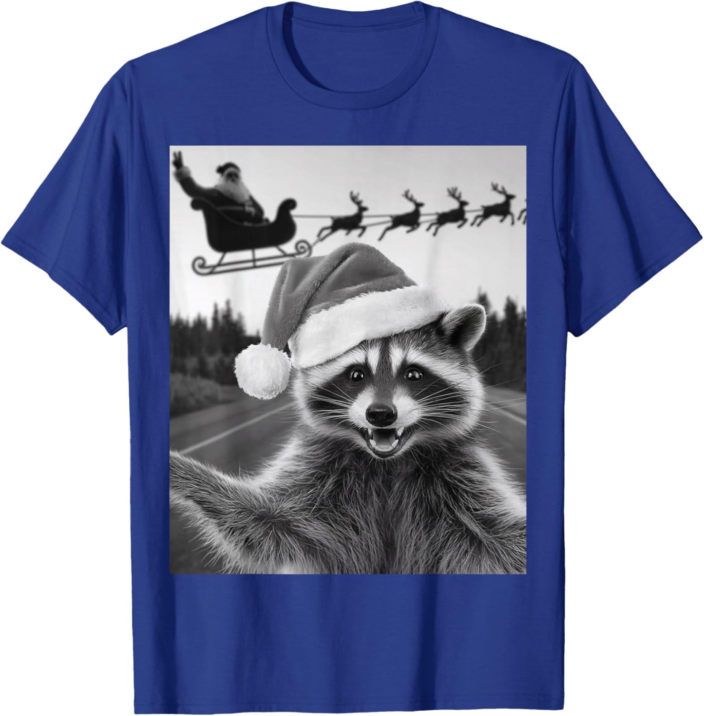 Funny Christmas Raccoon Shirt Raccoon Selfie With Santa T-Shirt - T-Shirt | Royal