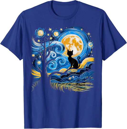 Cat Starry Night Van Gogh Gifts Cat Mom Cat Dad Cat Lover T-Shirt - T-Shirt | Royal