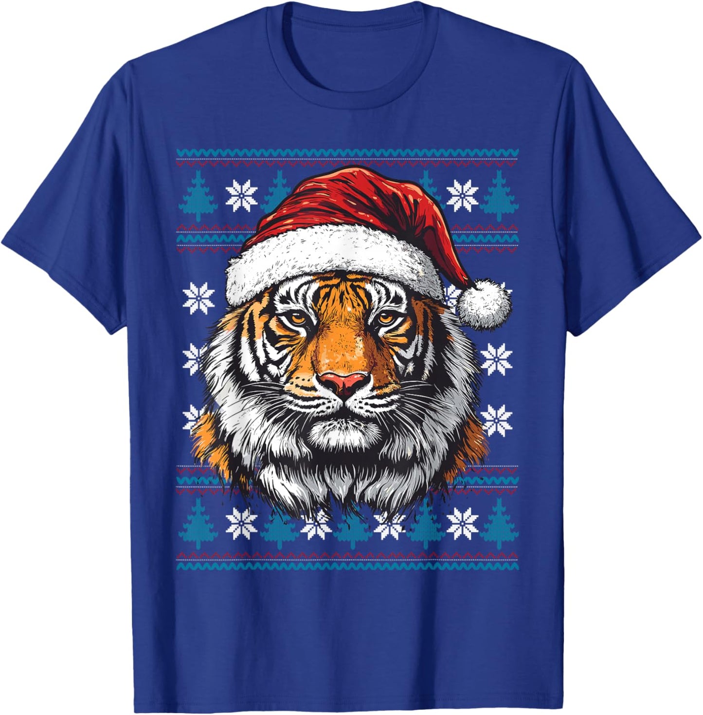 Tiger Santa Hat Ugly Christmas Sweater Tiger Lovers Holiday T-Shirt - T-Shirt | Royal