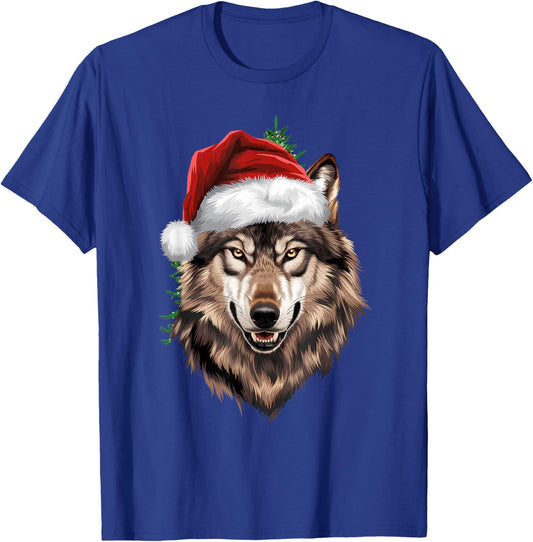 Wolf Christmas Funny Xmas tree Wearing Santa Hat T-Shirt - T-Shirt | Royal