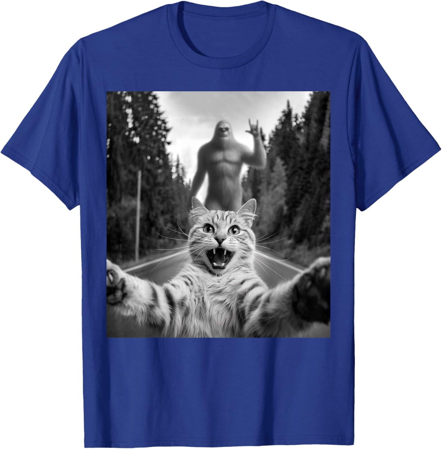 Cat Selfie With Bigfoot Funny Cat Gifts Women Kids T-Shirt - T-Shirt | Royal