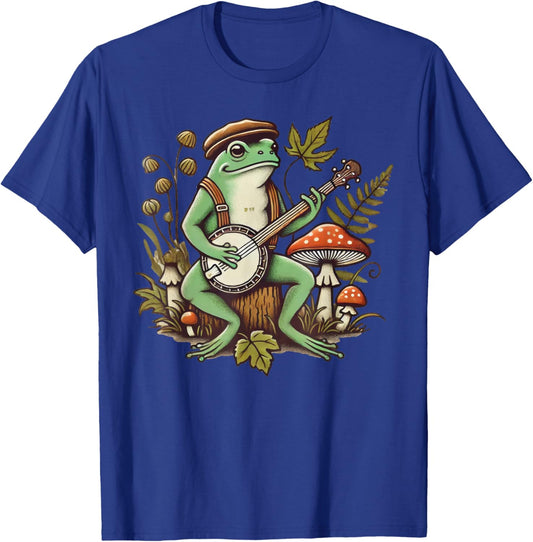 Cute Cottagecore Aesthetic Frog Playing Banjo Mushrooms T-Shirt - T-Shirt | Royal