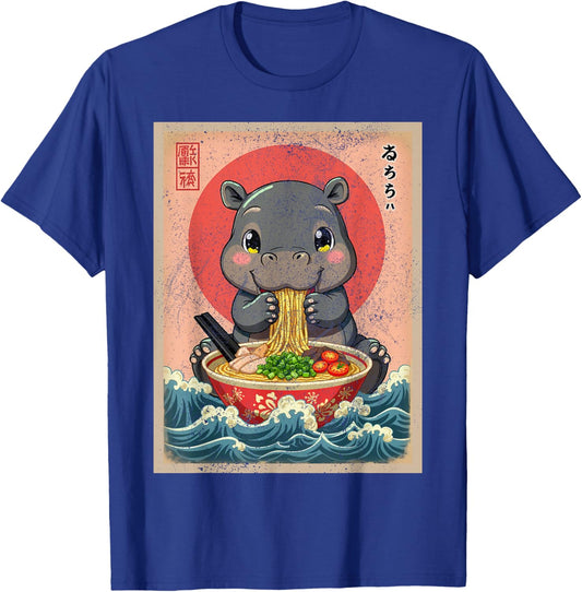 Baby Hippo Eating Ramen Kawaii Japanese Noodles Anime Lovers T-Shirt - T-Shirt | Royal