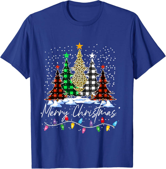 Merry Christmas Trees With Buffalo Red Plaid Leopard Xmas T-Shirt - T-Shirt | Royal