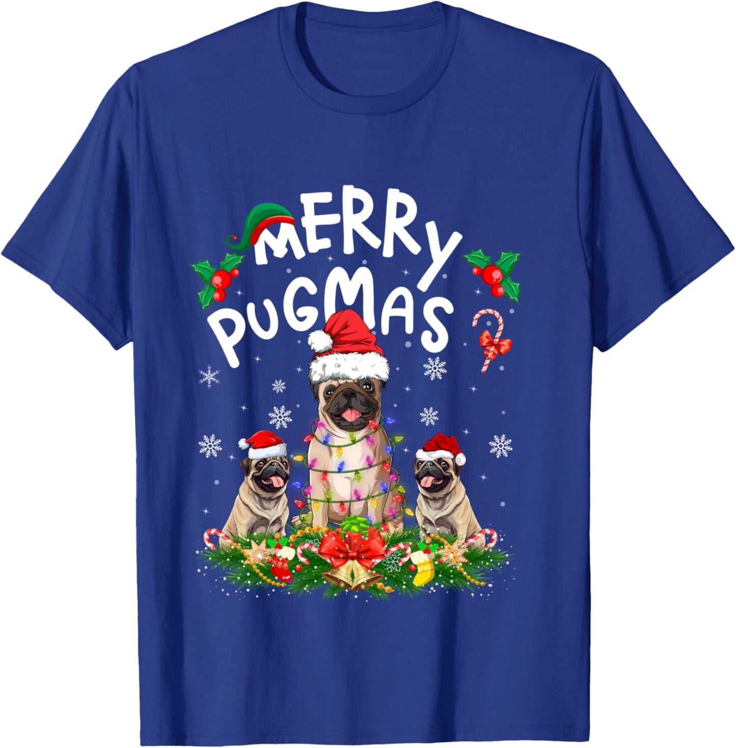 Merry Pugmas Xmas Lighting Santa Pug Dog Christmas T-Shirt - T-Shirt | Royal