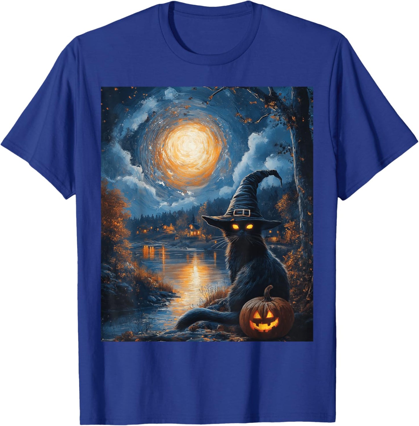 Halloween Van Gogh Starry Night Black Cat Pumpkin Spooky T-Shirt - T-Shirt | Royal