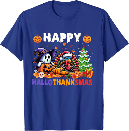 Halloween Thanksgiving Christmas Happy Hallothanksmas T-Shirt - T-Shirt | Royal