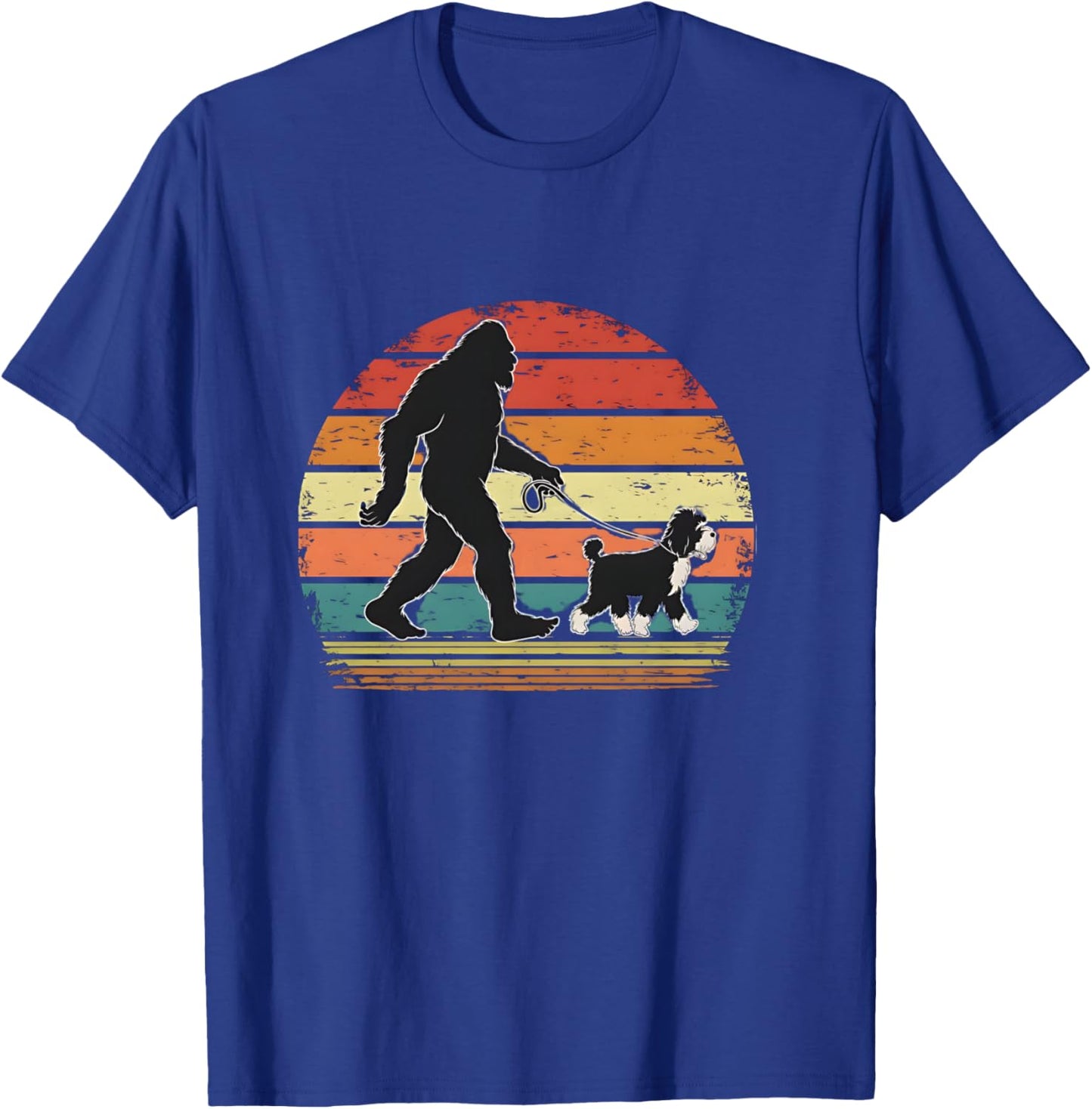 Bigfoot Walking a Dog Funny Bernedoodle Dog Dad T-Shirt - T-Shirt | Royal