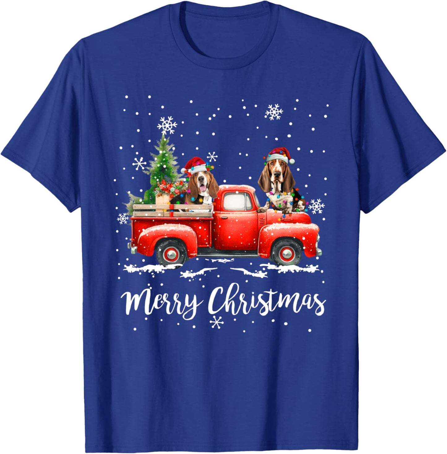 Basset Hound Red Truck Christmas Santa Hat Xmas Dog Lover T-Shirt - T-Shirt | Royal
