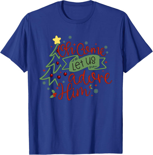 Oh Come Let Us Adore Him Religious Christmas Tree Christian T-Shirt - T-Shirt | Royal