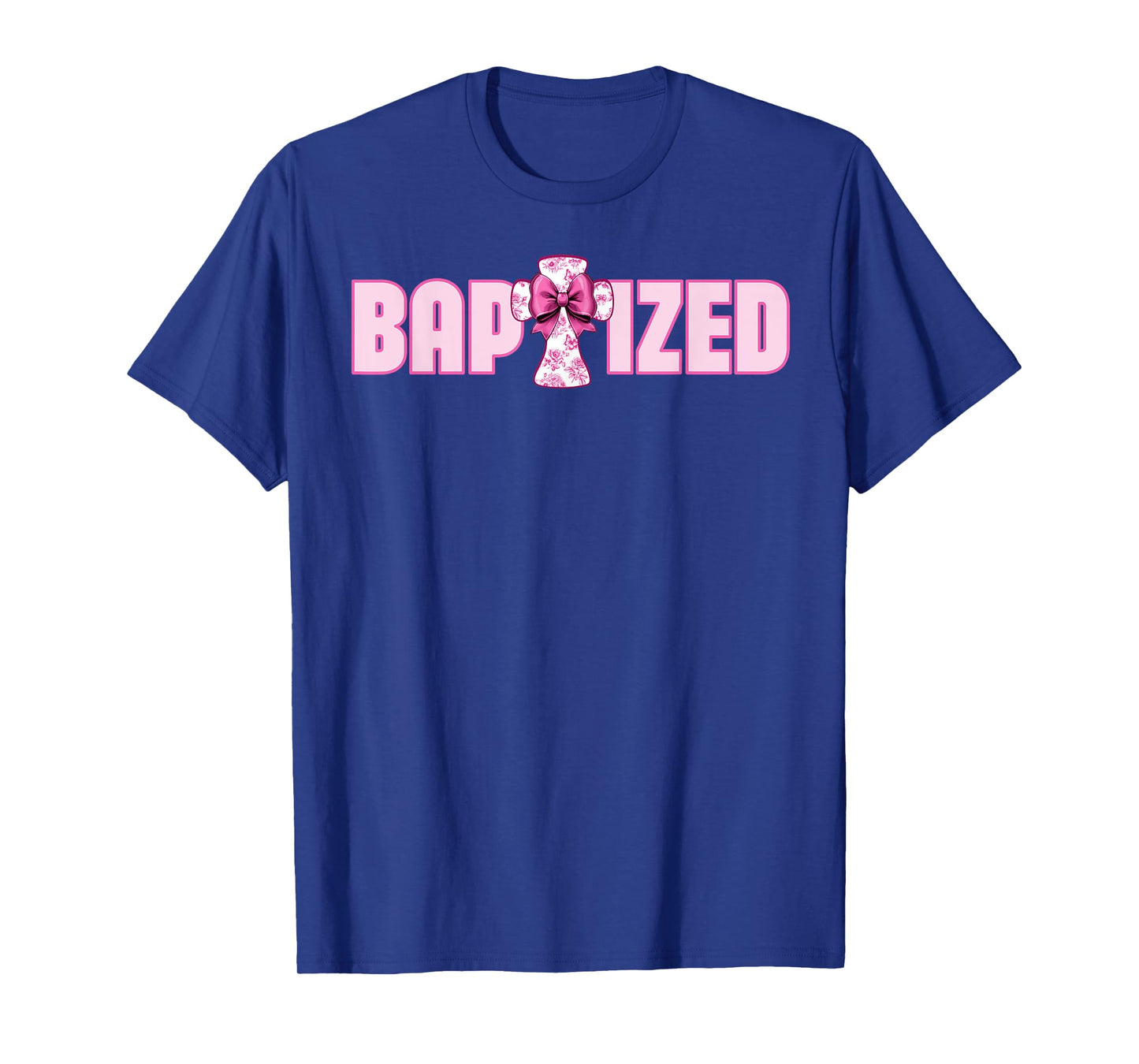 Baptized Pink Toile Cross And Coquette Bow For Baptism T-Shirt