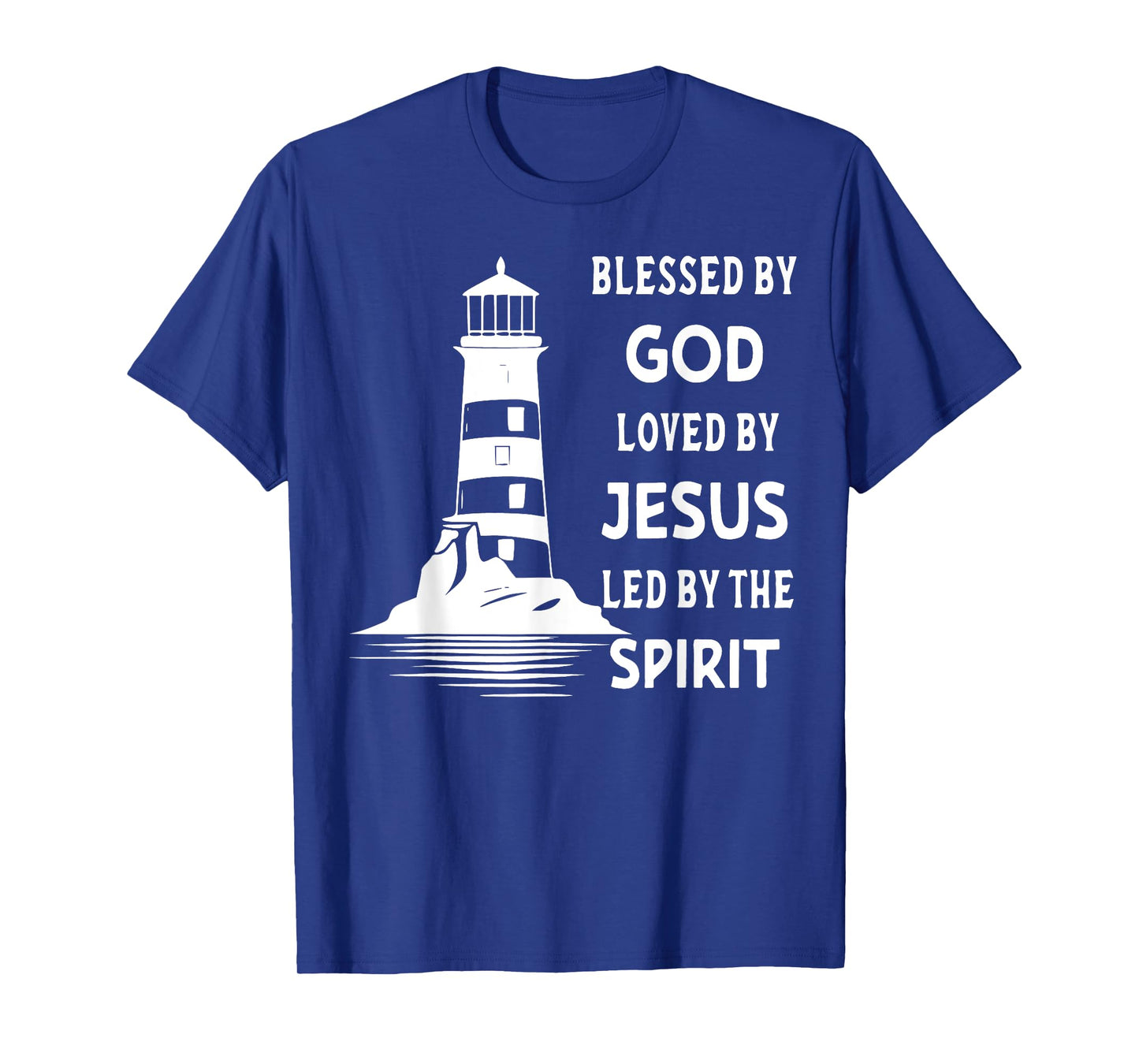 Jesus Shirts Apparel And Accessories - Blessed By God, Loved By Jesus, Led By The Holy Spirit - Christian Lighthouse T-Shirt - Unisex-Adults, Unisex-Kids - Black - Short Sleeve - Small - Classic Fit