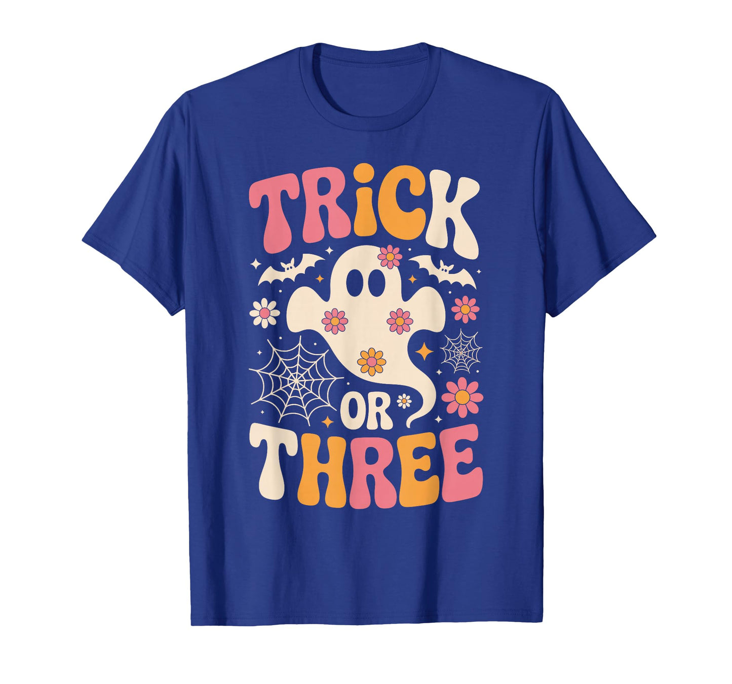 Trick Or Three 3 Years Old Birthday Groovy Ghost Halloween T-Shirt
