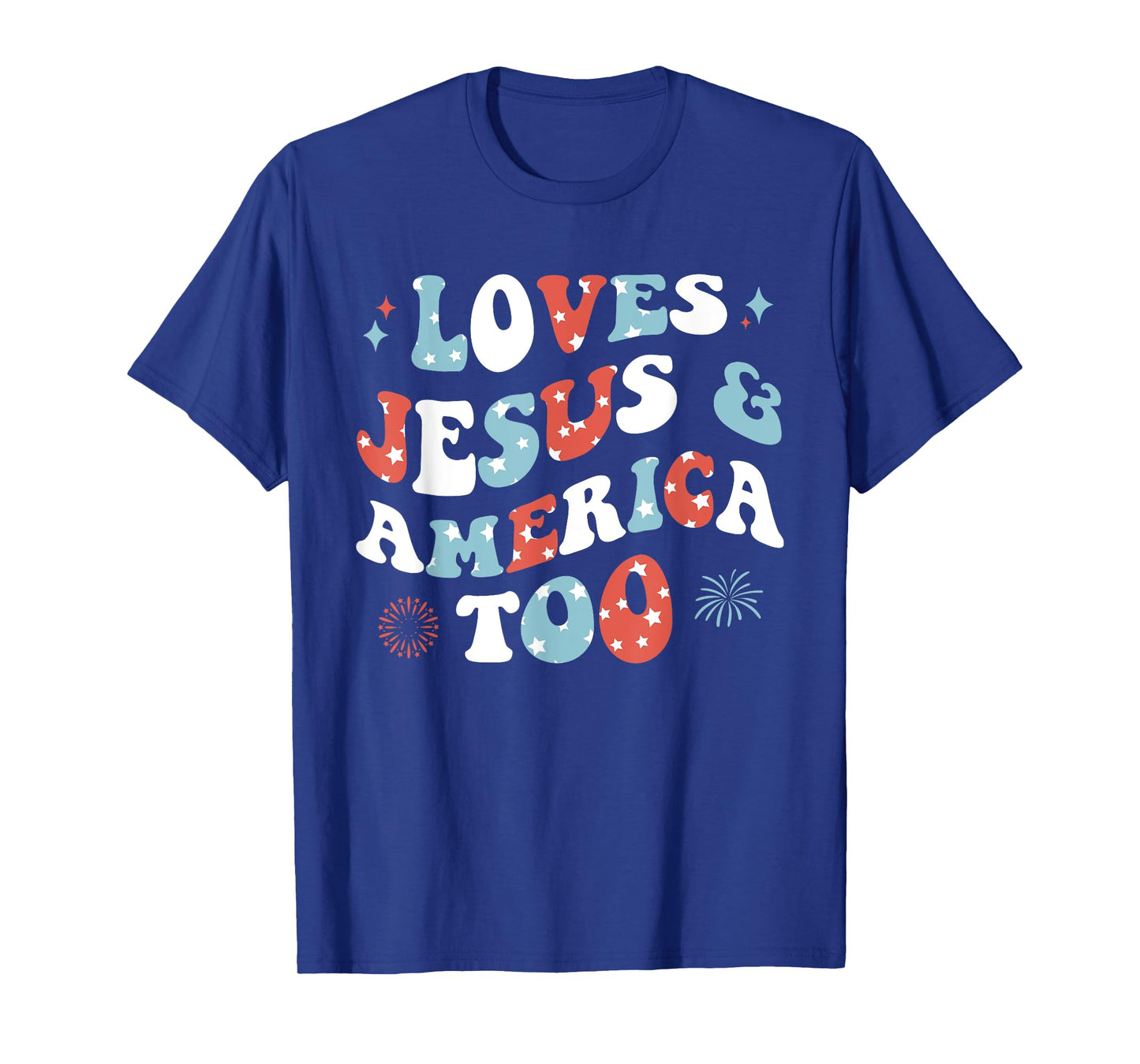Loves Jesus and America Too Retro 4th of July Cute Christian T-Shirt