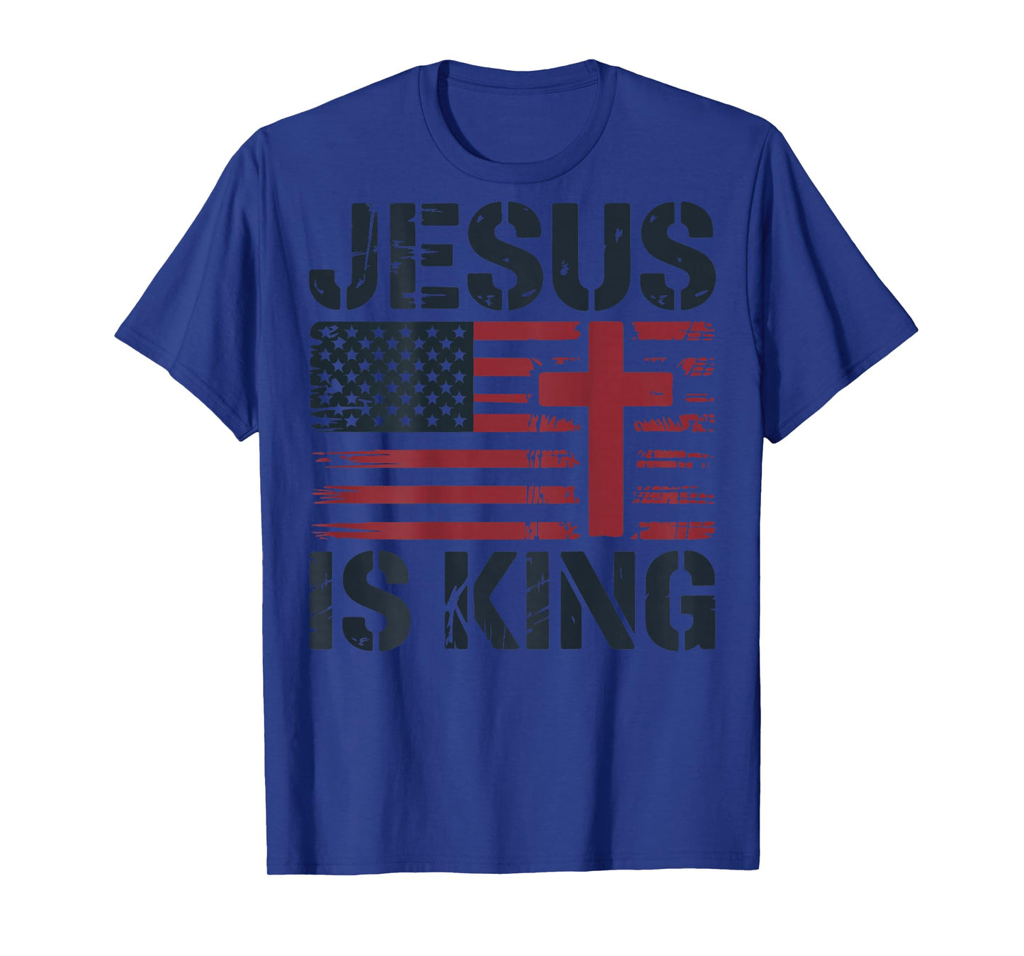 Mens Jesus is King American Flag Christian Patriotic Cross T-Shirt